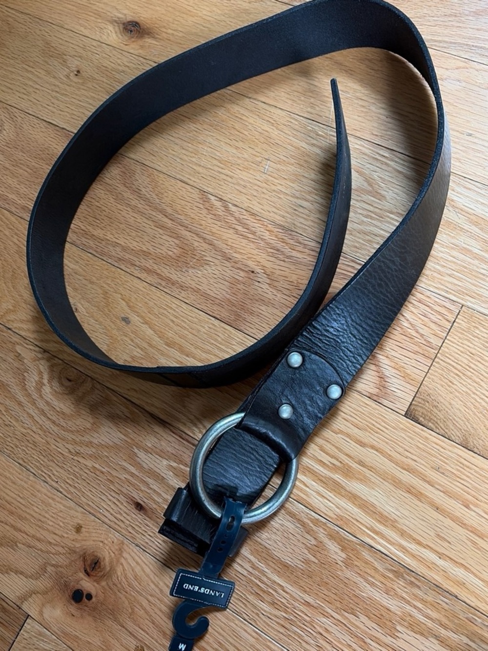 Lands' End Black Leather Belt with Round Metal Ring Buckle